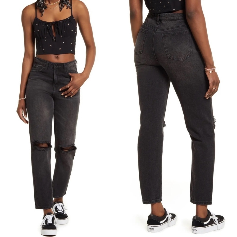 NWT Nordstrom BP Black Ripped Wash Denim‎ Jeans Size 28 Tapered High Rise Jean
